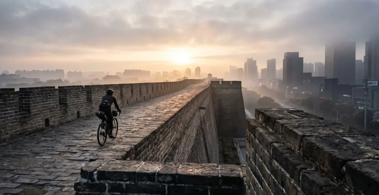 Cycliste solitaire pédalant sur les remparts de Xi'an au lever du soleil avec la ville en arrière-plan