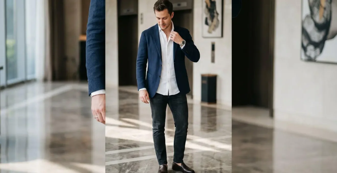 Tenue élégante smart casual pour un rooftop bar à Shanghai avec blazer et accessoires raffinés