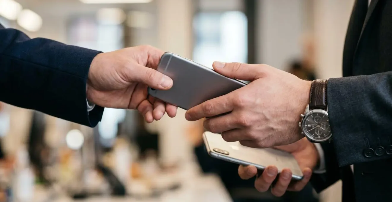 Mains tenant des smartphones montrant des QR codes WeChat lors d'un échange professionnel