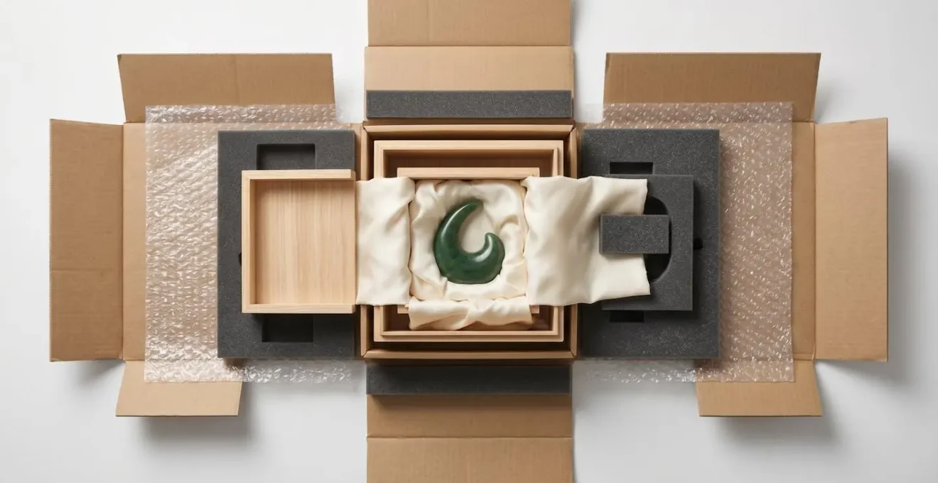 Vue éclatée montrant les différentes couches de protection pour emballer une sculpture en jade