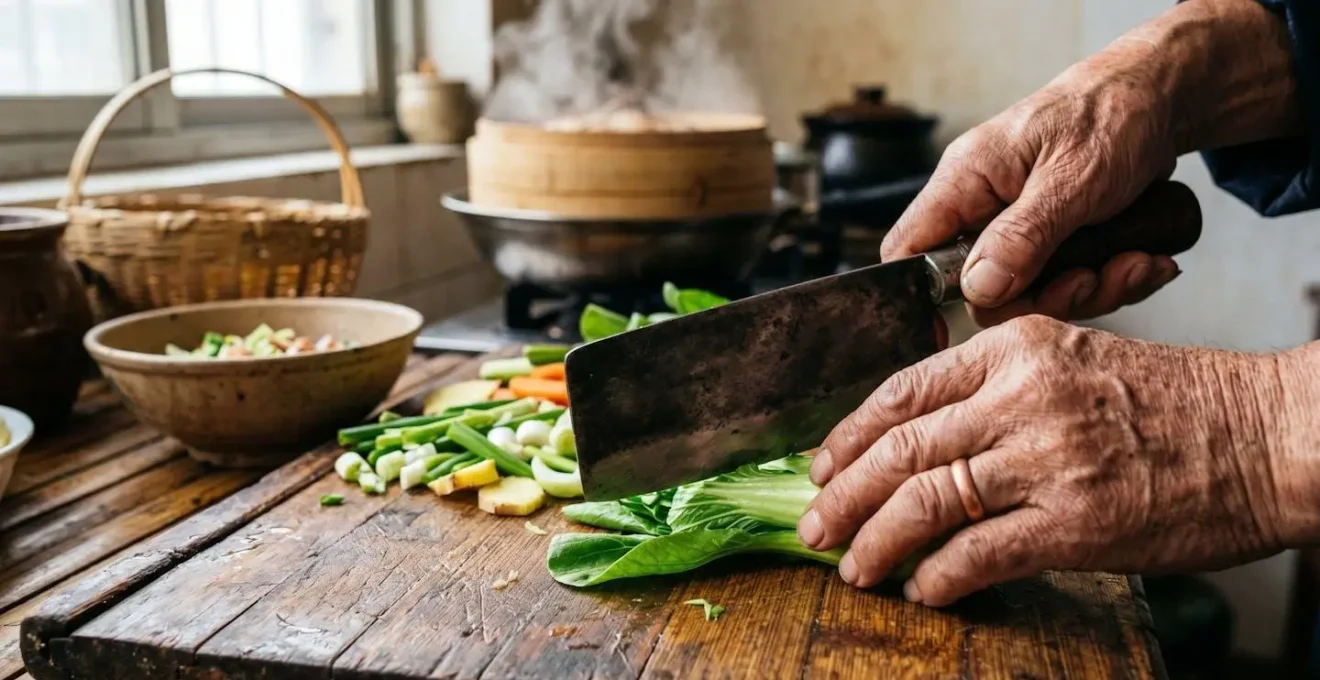 Gros plan sur les mains expertes d'un fermier chinois préparant des légumes frais avec des outils traditionnels dans sa cuisine