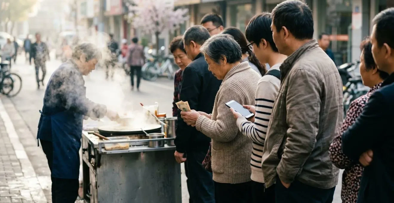 File d'attente matinale devant un stand de crêpes chinoises avec vapeur et préparation visible