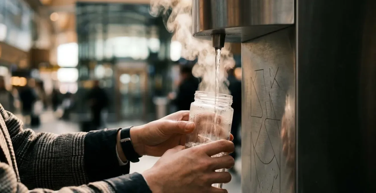 Fontaine d'eau chaude dans une gare chinoise avec voyageur remplissant un thermos