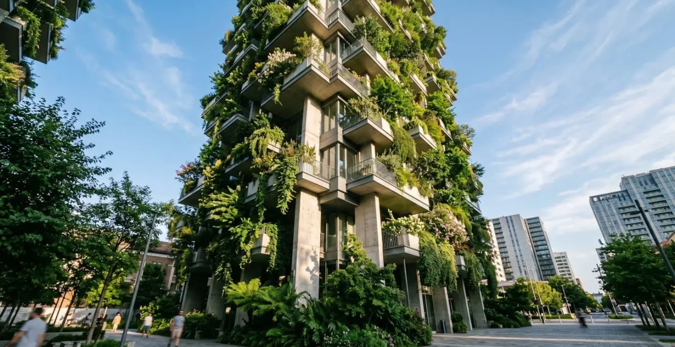 Façade végétalisée d'une tour moderne avec arbres et plantes intégrés