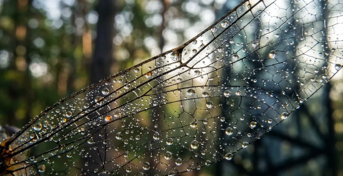 Vue macro d'insectes et oiseaux perturbés par une structure de verre dans leur environnement naturel