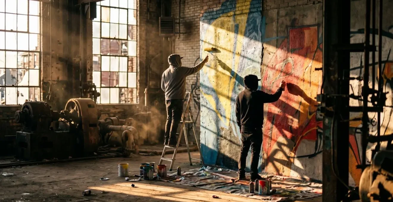 Artistes de street art peignant dans une usine abandonnée de Shanghai avec lumière dorée filtrant par les fenêtres cassées