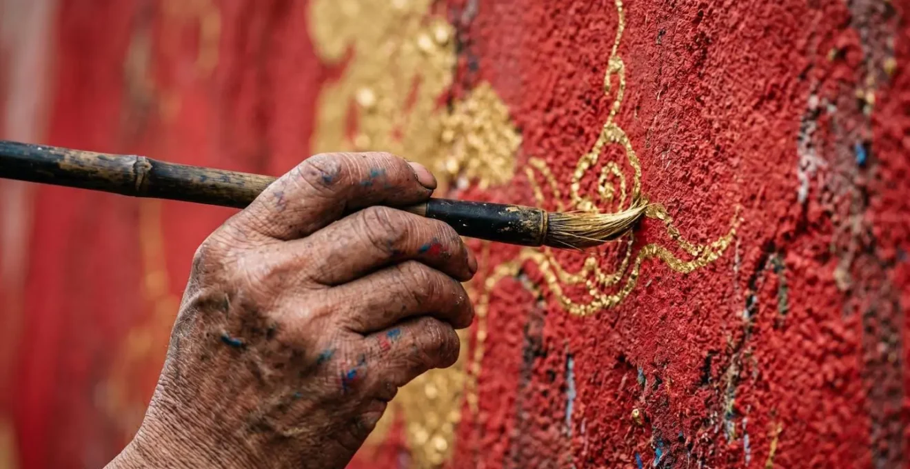 Gros plan sur une main d'artiste appliquant des détails au pinceau sur une fresque urbaine