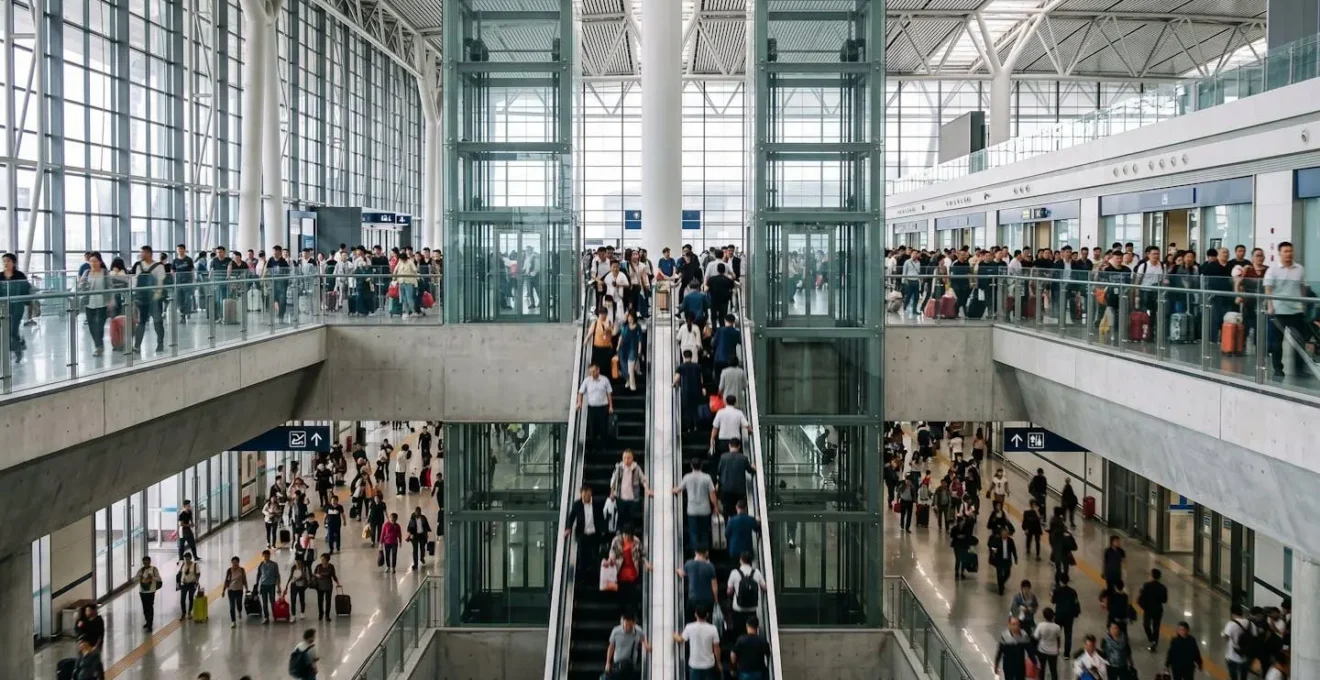 Vue en coupe d'une gare chinoise montrant les étages départs et arrivées avec les flux de voyageurs