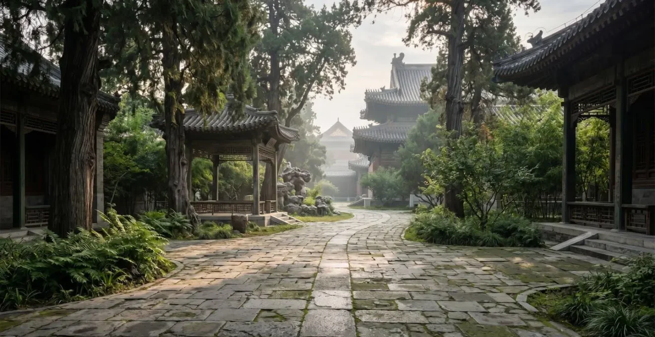 Jardin paisible et désert du Palais de la Compassion avec architecture traditionnelle
