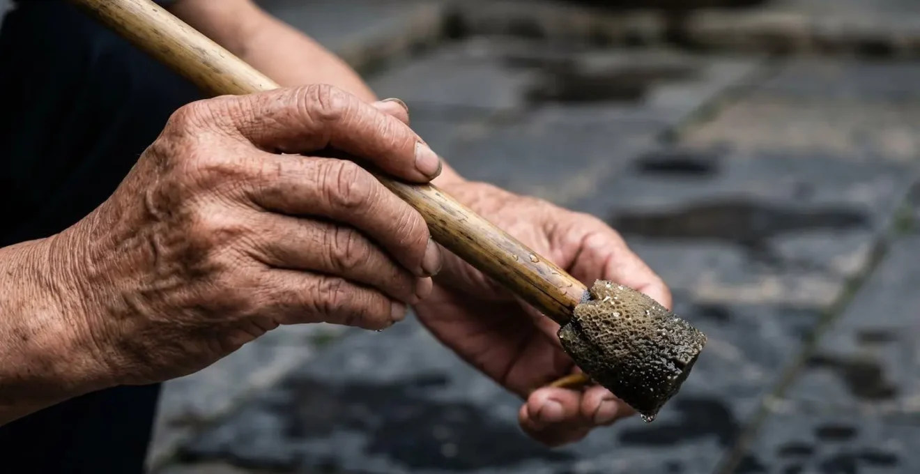 Gros plan sur une main tenant un pinceau géant pour la calligraphie à l'eau