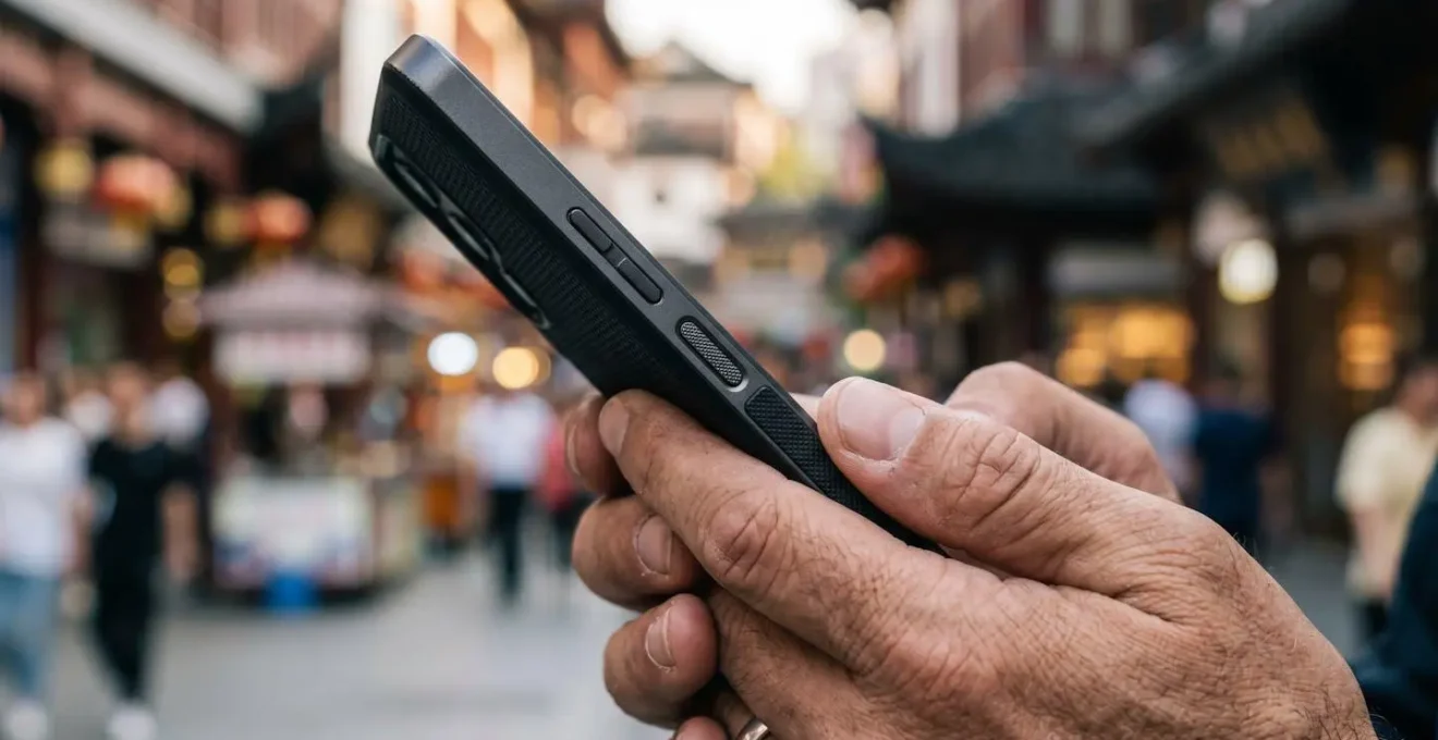 Mains tenant un smartphone montrant une carte de navigation dans une rue animée de Shanghai