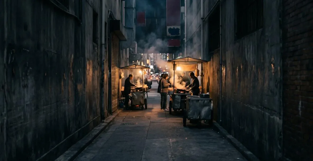Vue large d'une ruelle étroite avec vendeurs de street food installés temporairement, ambiance nocturne avec lumières tamisées et vapeur