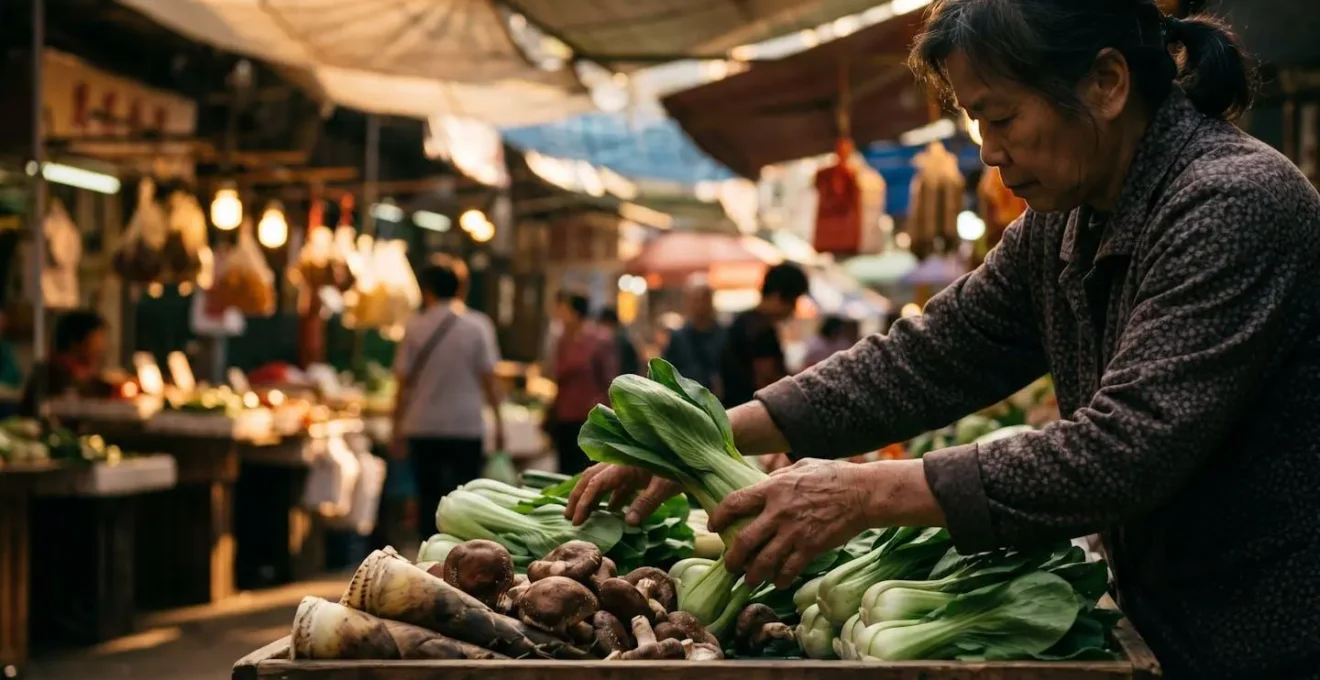 Étal de marché chinois avec légumes locaux et produits durables dans une lumière dorée