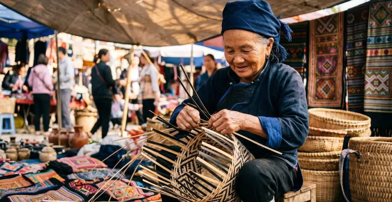 Vue plongeante sur un étal de marché villageois chinois présentant vanneries et textiles colorés disposés harmonieusement