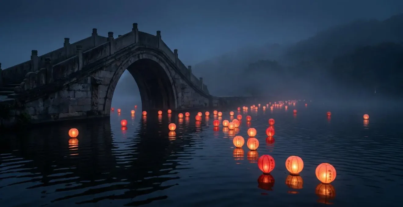 Scène nocturne mystérieuse d'un lac chinois avec brumes et lanternes flottantes