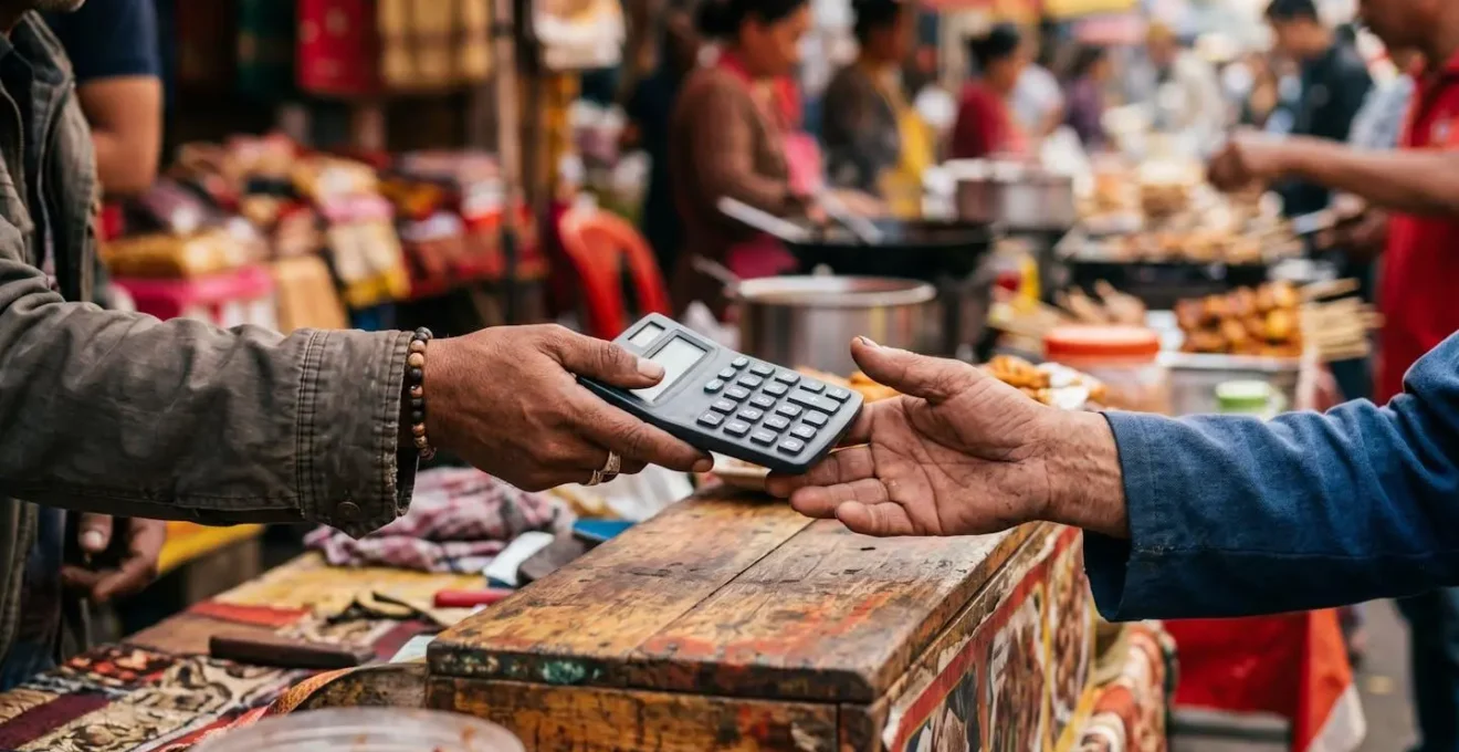 Gros plan sur des mains échangeant une calculatrice au-dessus d'un étal de marché coloré