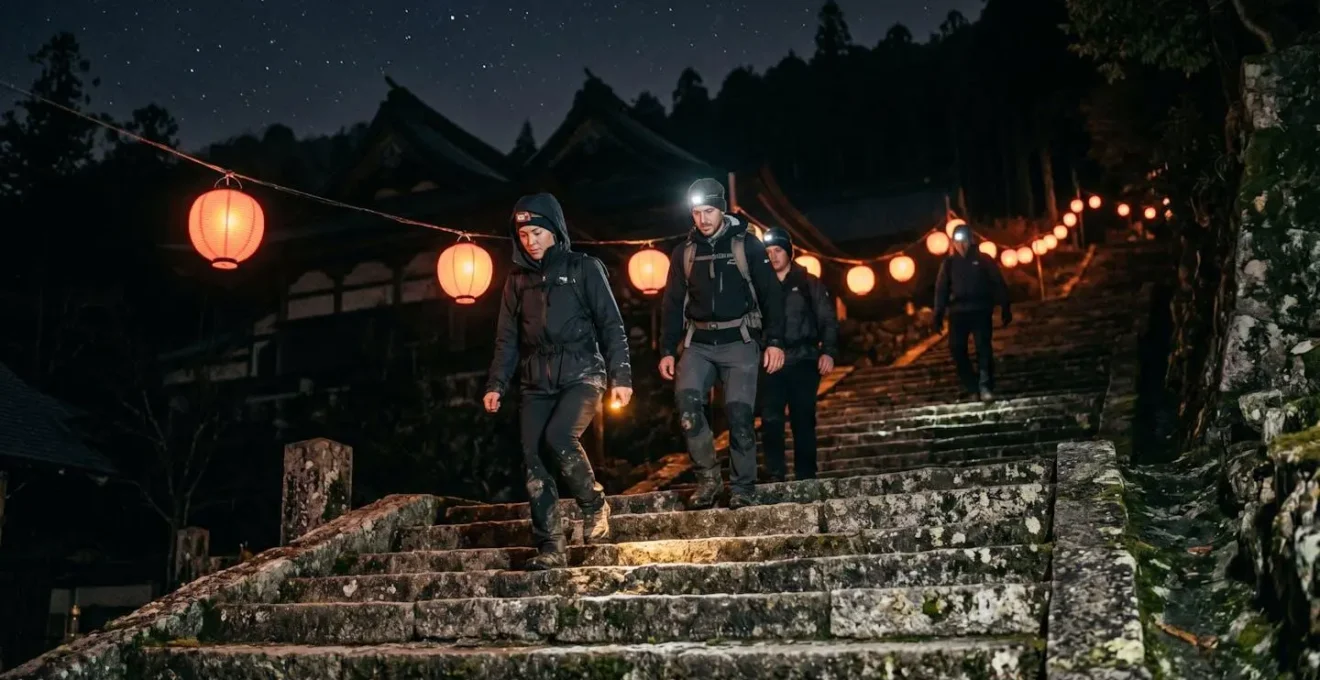 Pèlerins montant les marches du Mont Tai de nuit éclairés par des lanternes rouges