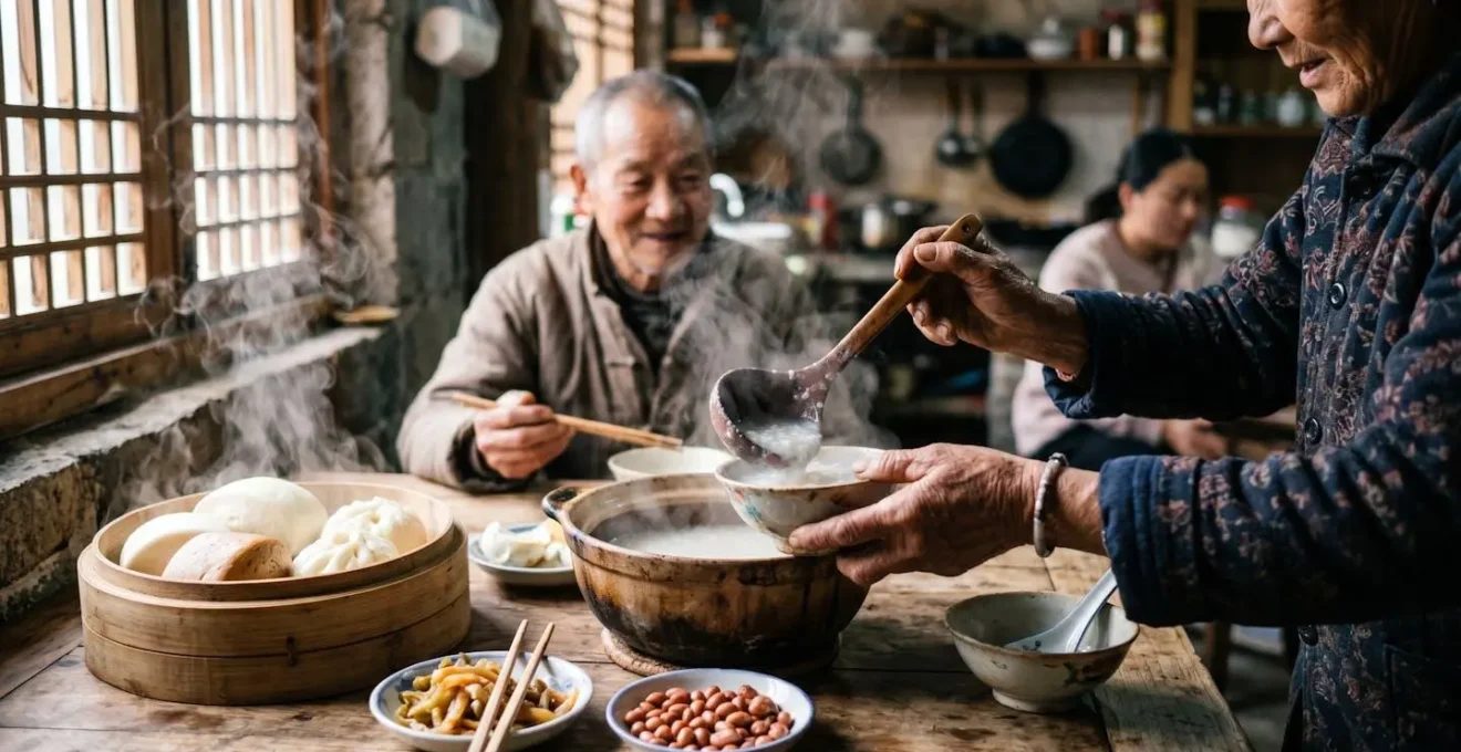 Table de petit-déjeuner traditionnel chinois avec congee, mantou et pickles