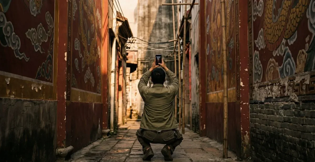 Photographe utilisant un smartphone pour capturer une fresque murale dans une ruelle étroite chinoise