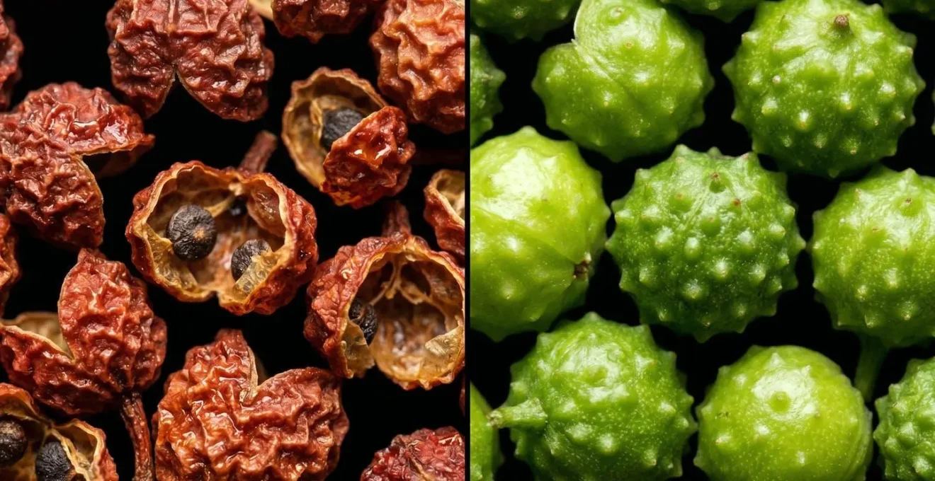Comparaison macro entre grains de poivre de Sichuan rouge et vert montrant leurs textures distinctes
