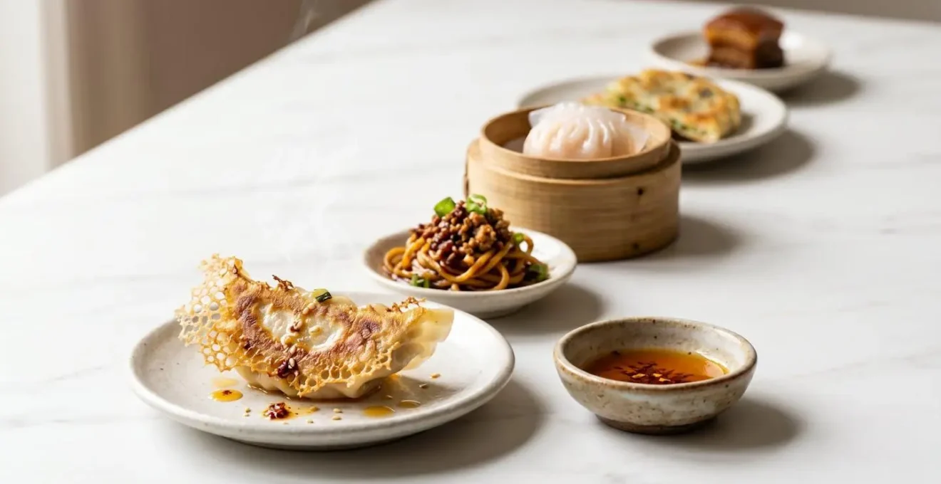 Vue macro de petites portions variées de plats chinois disposées en progression, montrant la stratégie de dégustation d'un tour gastronomique