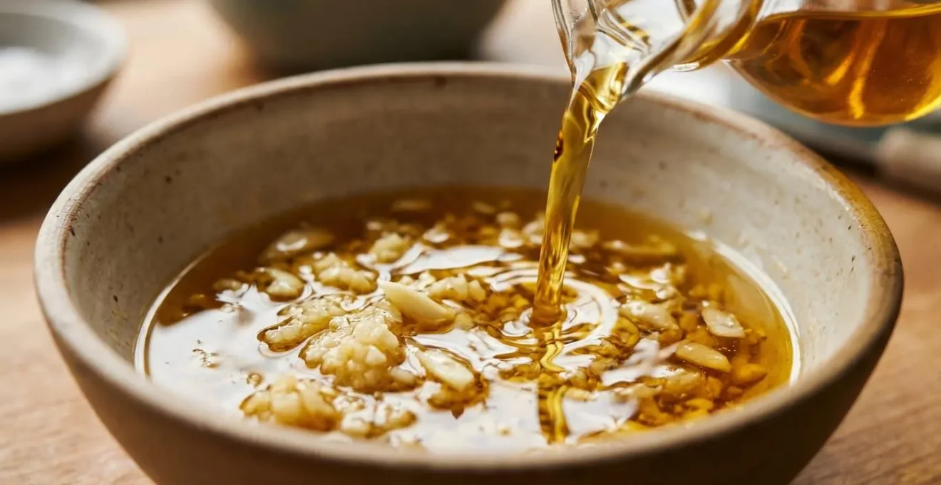 Gros plan sur la préparation d'une sauce à l'huile de sésame et ail pour hot pot