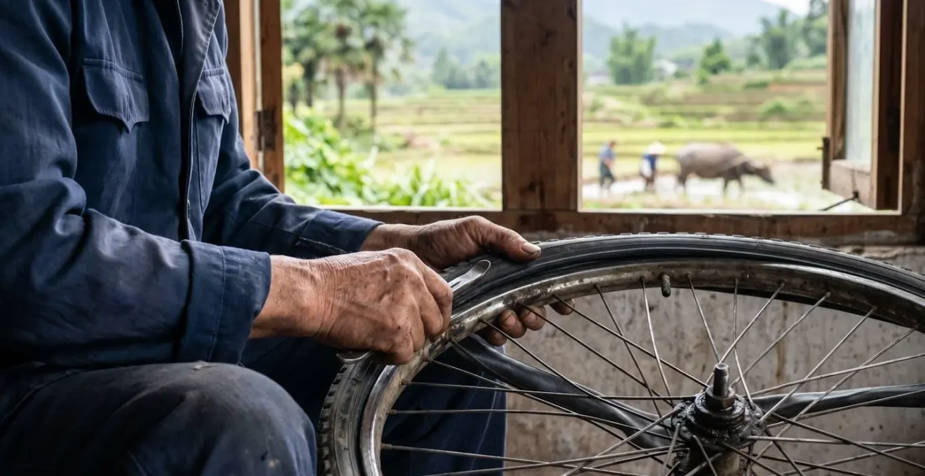 Réparation de vélo dans la campagne chinoise avec rizières en arrière-plan