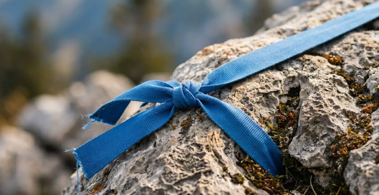Gros plan sur un ruban bleu attaché à un rocher sur le sentier de trek