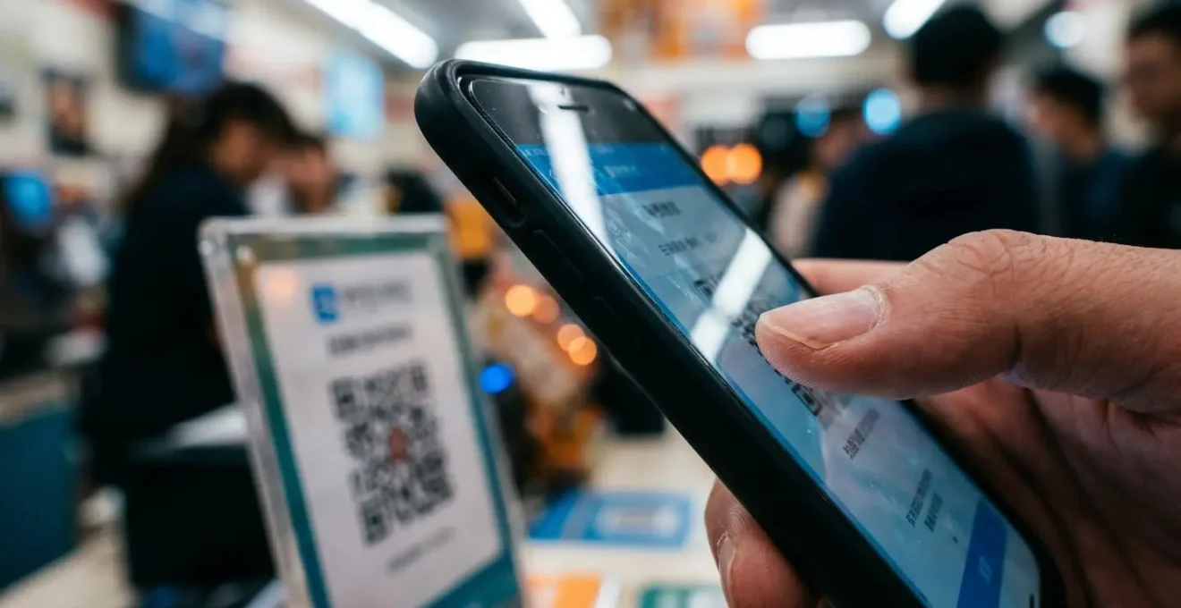 Main tenant un smartphone pour scanner un code QR dans une épicerie chinoise, file d'attente floue en arrière-plan