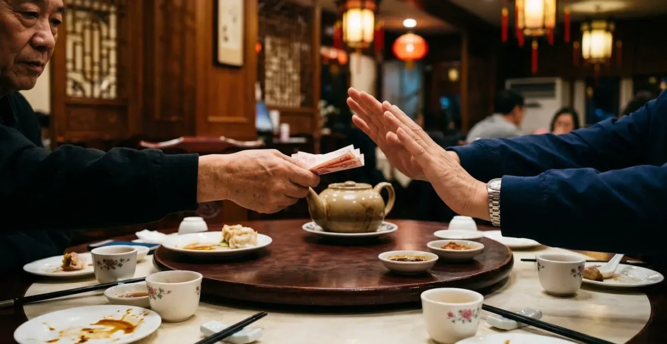 Vue d'ensemble d'une table de restaurant chinois après le repas, geste symbolique d'échange entre convives, atmosphère chaleureuse