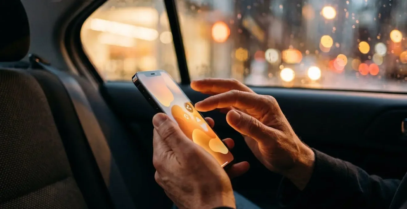 Vue rapprochée d'une main utilisant une application de VTC avec fonction de partage de trajet activée