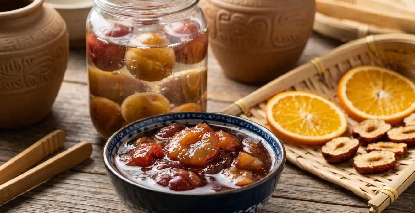 Table de cuisine chinoise avec fruits transformés en diverses préparations