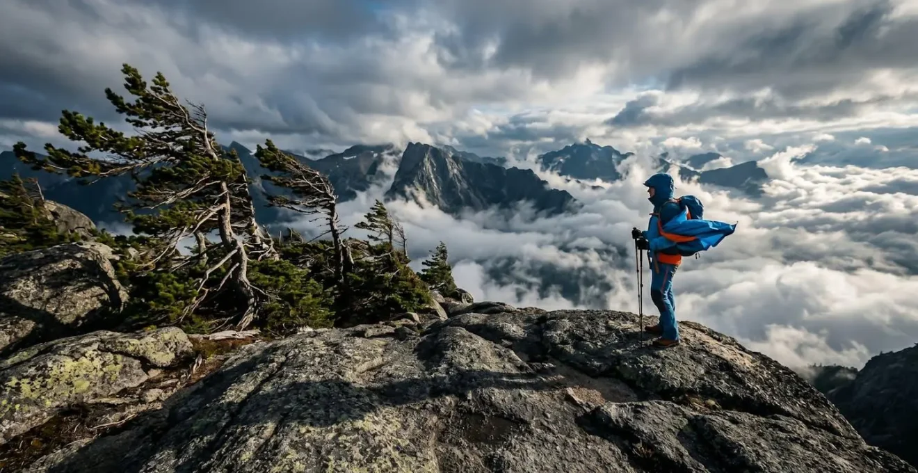 Randonneur face au vent sur un pic de Huangshan avec pins tordus et mer de nuages