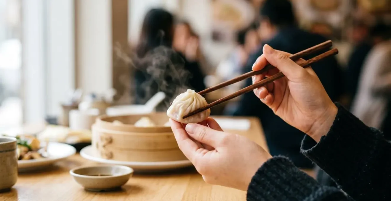 Mains tenant délicatement des baguettes pour saisir un ravioli vapeur avec la technique du berceau