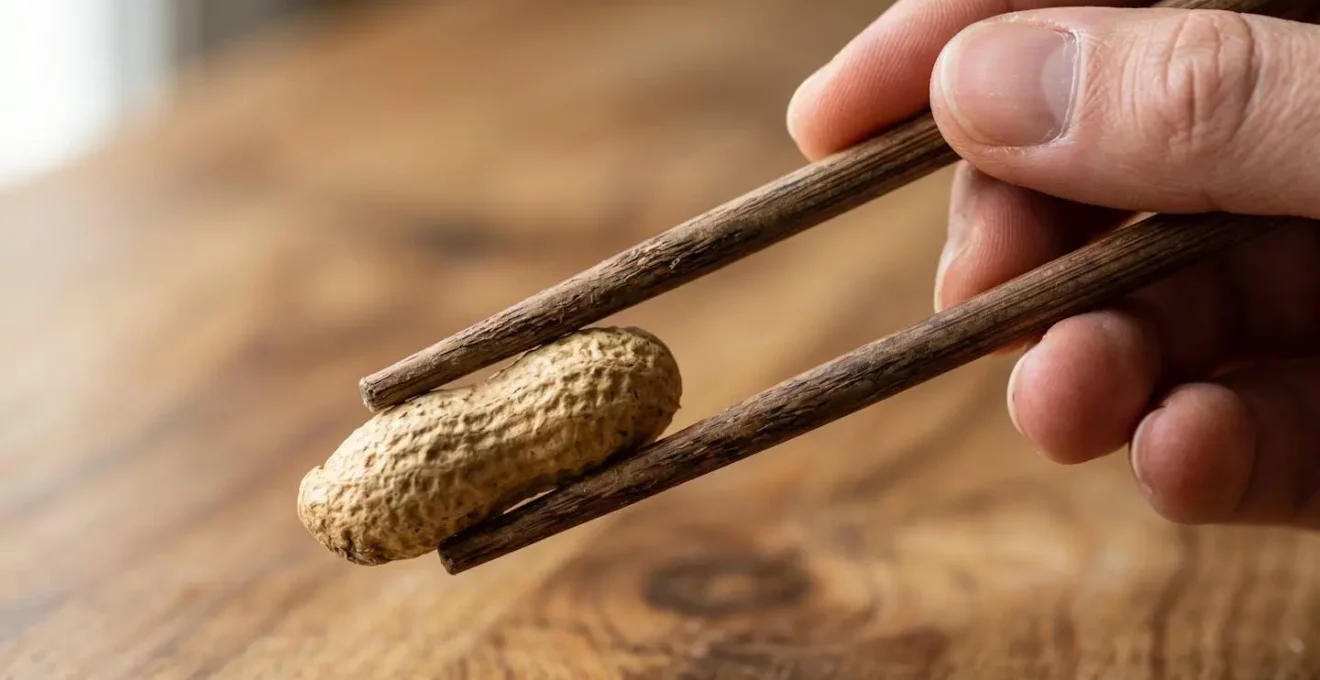 Gros plan sur des mains tenant des baguettes chinoises saisissant délicatement une cacahuète, focus sur la technique de préhension