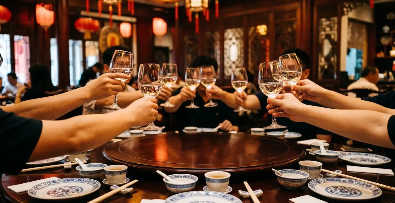 Verres de Baijiu levés lors d'un toast formel dans un restaurant chinois traditionnel