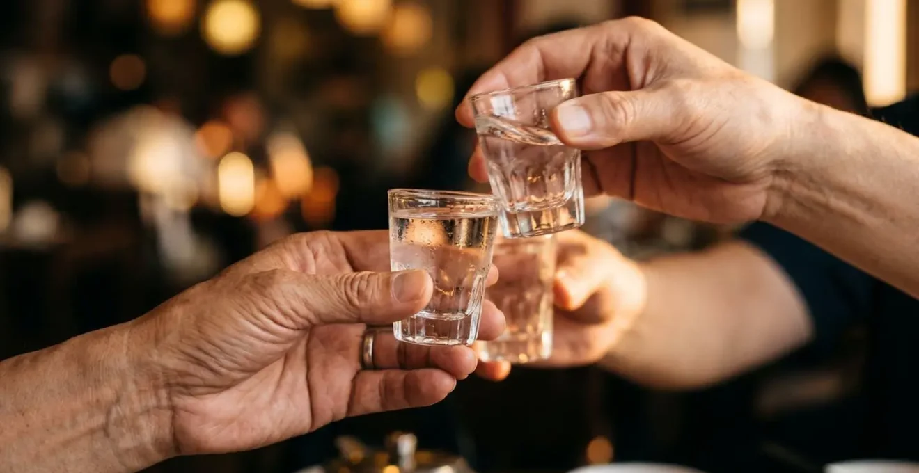 Mains tenant des verres de baijiu lors d'un toast d'affaires traditionnel chinois