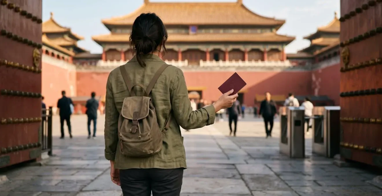 Touriste présentant son passeport au contrôle d'entrée de la Cité Interdite