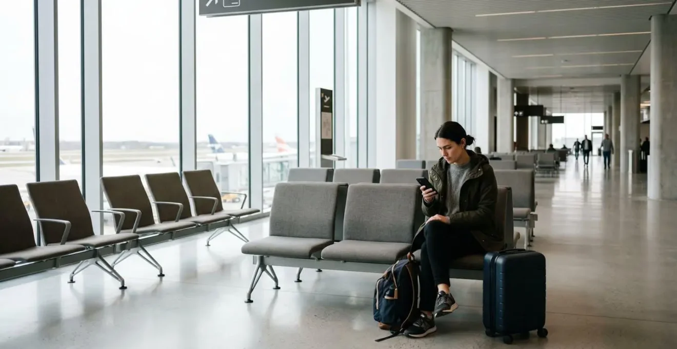 Voyageur configurant Alipay sur son smartphone dans un hall d'aéroport moderne
