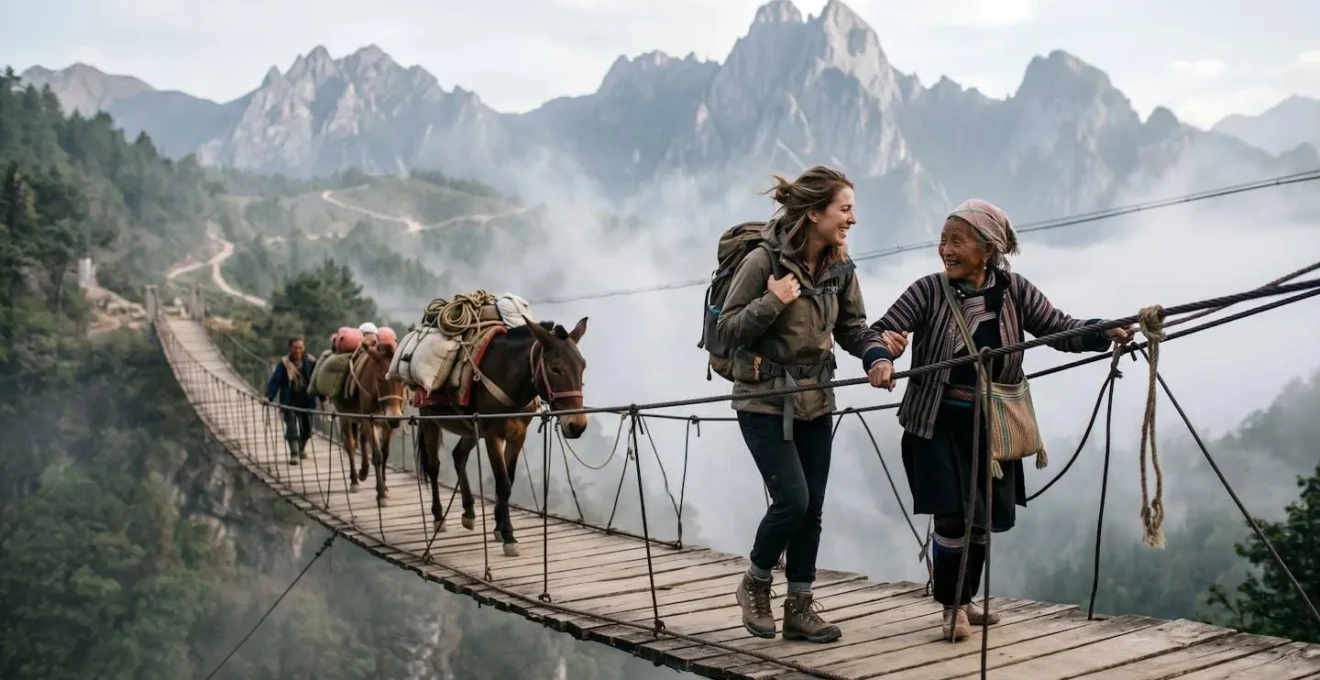 Voyageur accompagné d'un guide local traversant un pont suspendu avec des mulets dans les montagnes du Yunnan