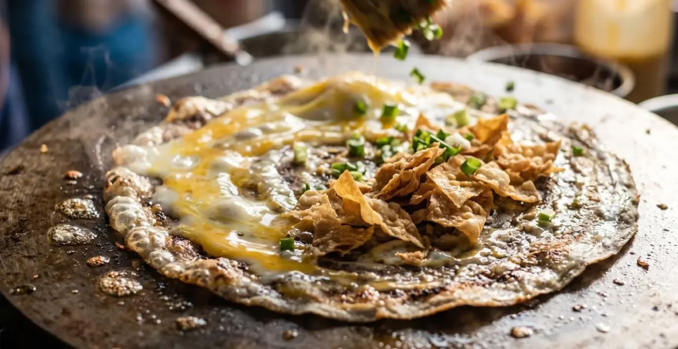 Vendeur de crêpes chinoises préparant son stand à l'aube avec vapeur et lumière dorée