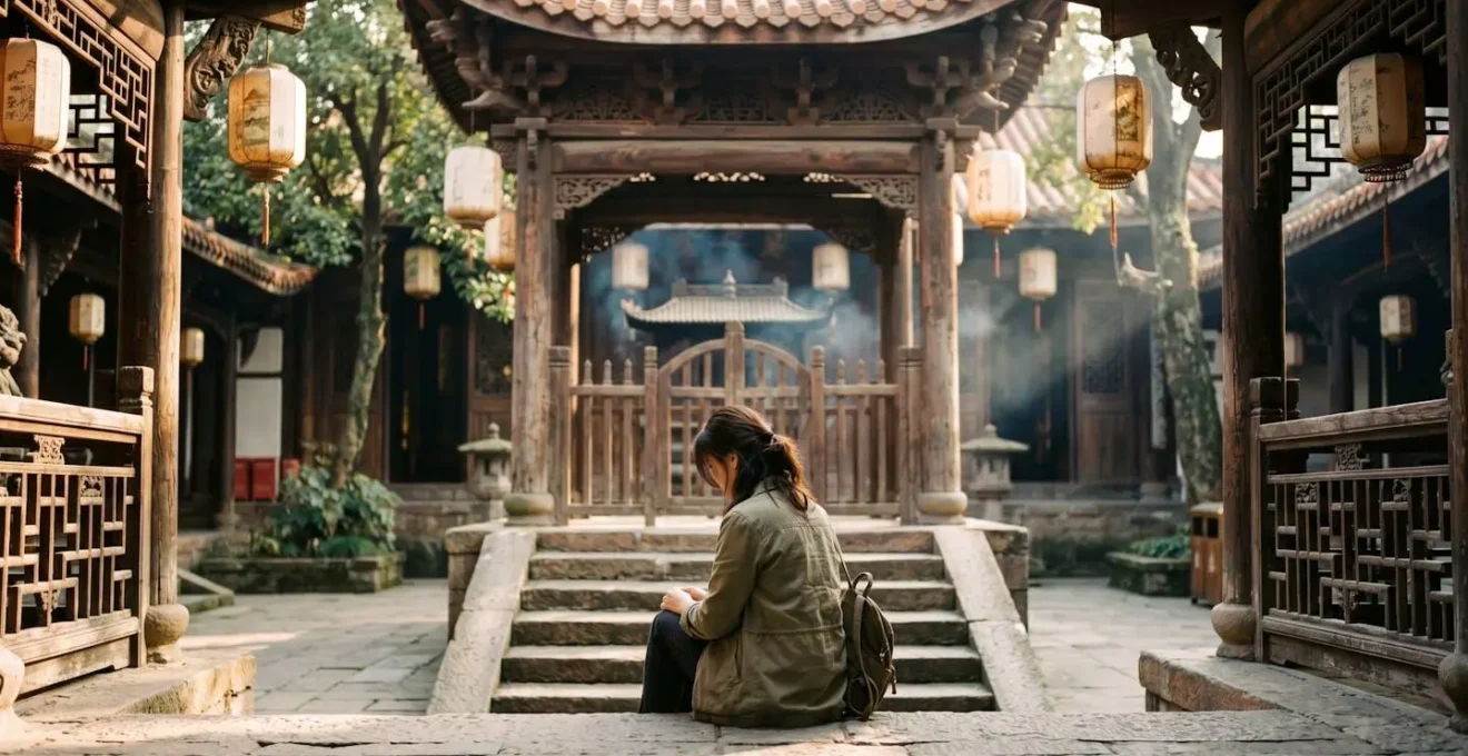 Voyageur solitaire en contemplation dans un temple chinois paisible, incarnant une visite de qualité plutôt que de quantité.