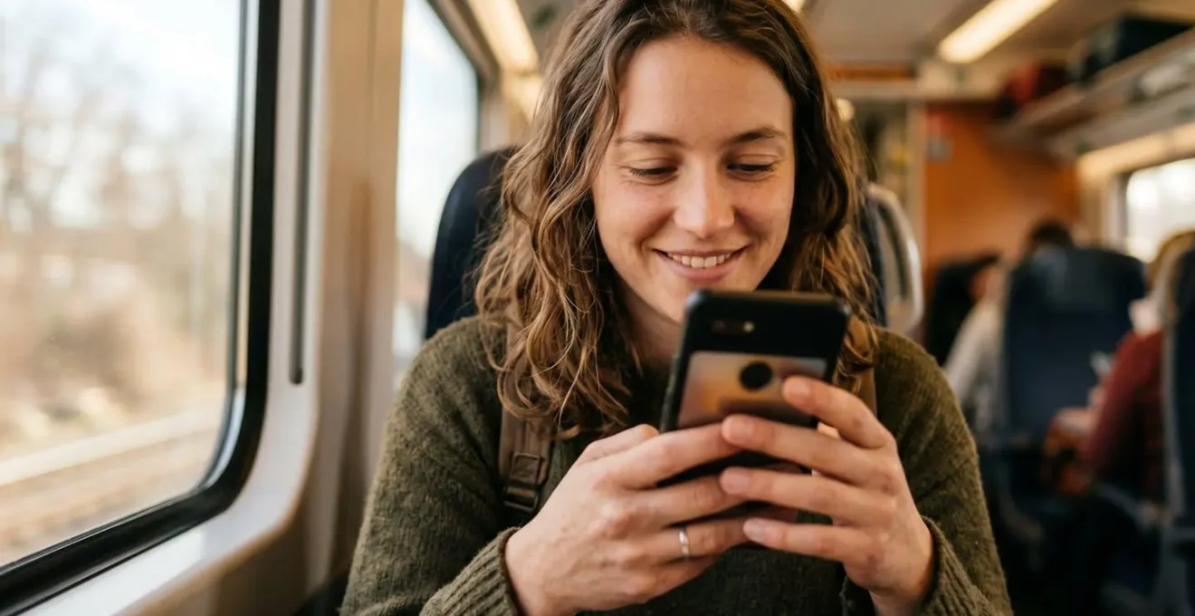 Voyageur utilisant son smartphone pour se connecter au Wi-Fi dans un train chinois moderne