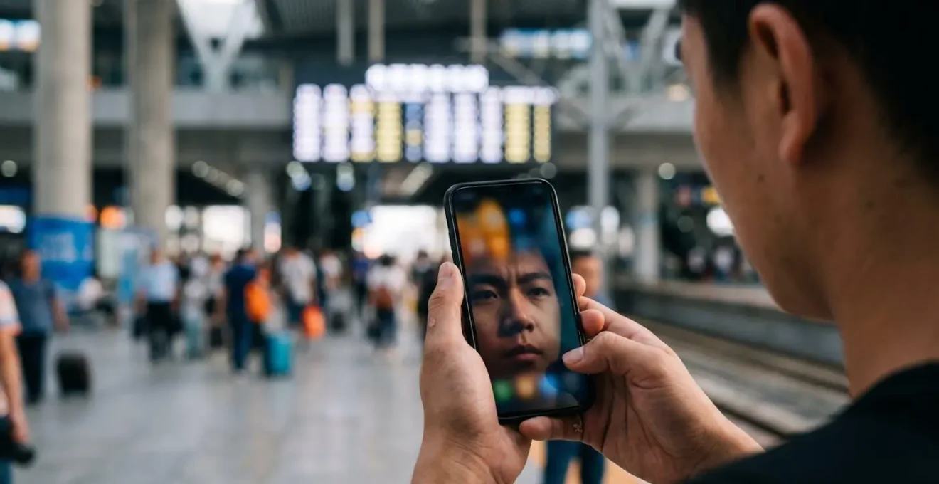 Voyageur consultant son smartphone dans une gare chinoise moderne pour réserver un billet de train