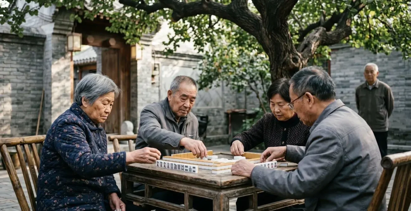 Groupe d'anciens jouant au mahjong dans une ruelle ombragée des Hutongs