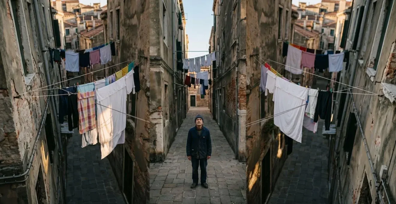 Vue en plongée d'un réseau complexe de ruelles étroites avec une personne au centre regardant vers le haut