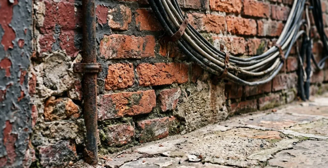 Gros plan macro sur la texture d'un mur de ruelle montrant les couches de temps avec briques anciennes et réparations modernes